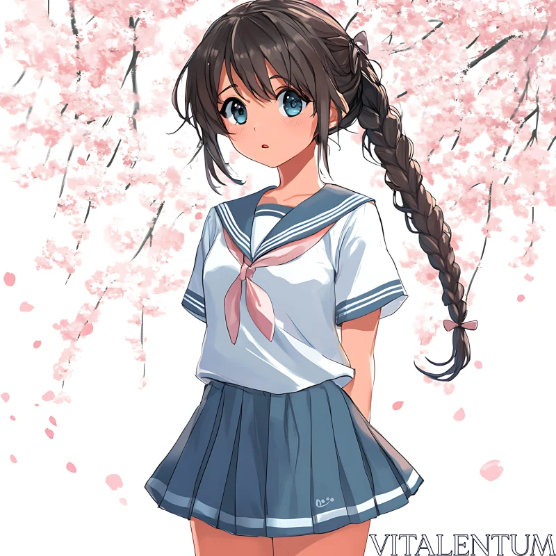 Cherry Blossom Anime Scene with School Girl AI Image