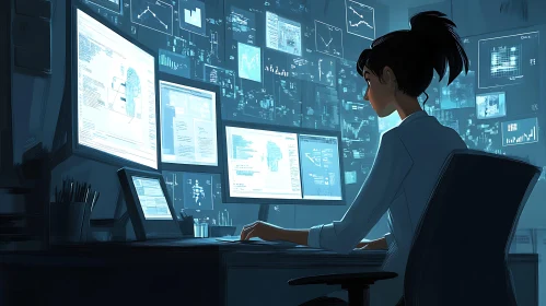 Woman Analyzing Data on Multiple Screens