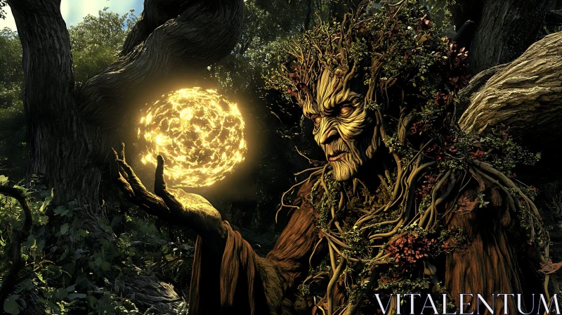 Mystical Tree Spirit Holding Glowing Sphere AI Image