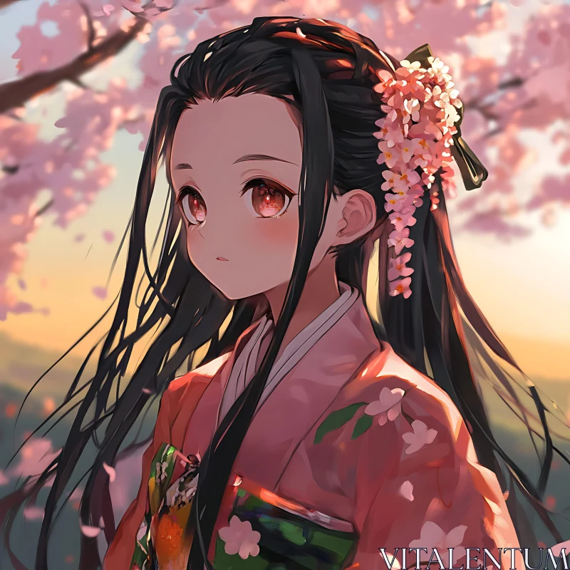 Serene Anime Girl Amidst Cherry Blossoms AI Image