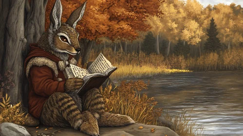 Anthropomorphic Rabbit Reading in Autumn Forest