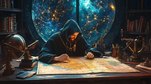 Hooded Figure Studying Map by Starlight