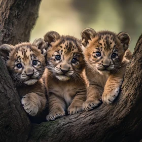 Lion Cubs Portrait on a Tree