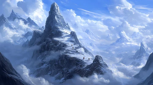 Mountain Climbers in a Snowy Landscape