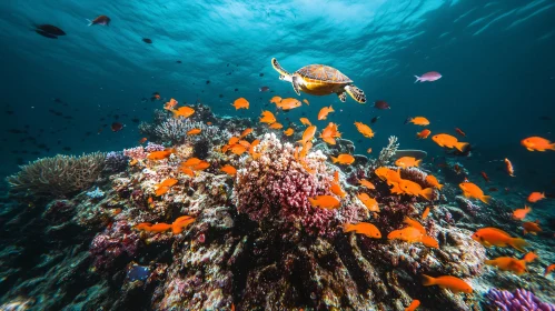 Underwater Scene with Turtle and Fishes