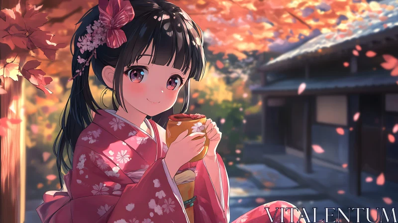 Anime Girl in Traditional Kimono with Autumn Background AI Image