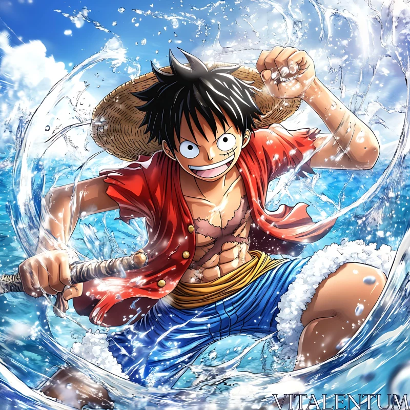 Anime Hero Amidst Dynamic Water Splash AI Image