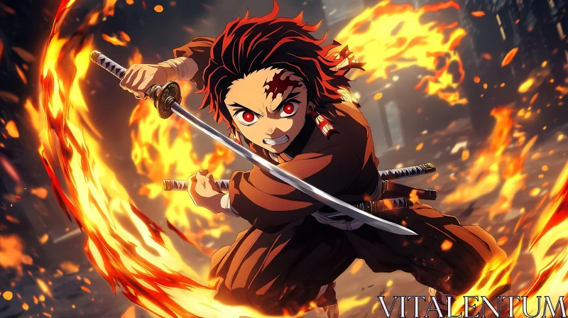 Fiery Anime Samurai Action Scene AI Image