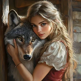 Woman's Embrace: Serene Portrait with Wolf