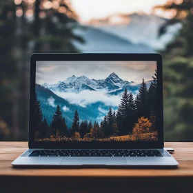 Laptop displaying mountain landscape