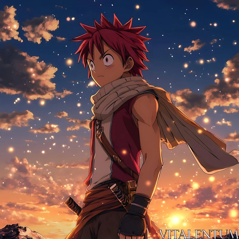 Red-Haired Anime Character at Sunset AI Image