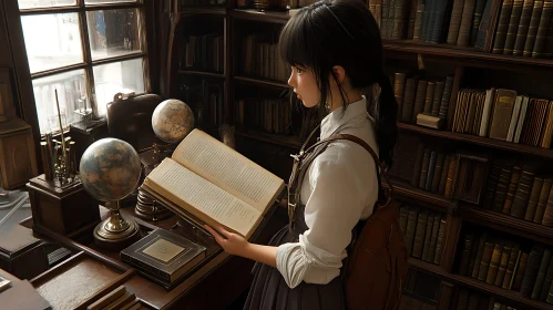 Young Woman Reading Book in Library