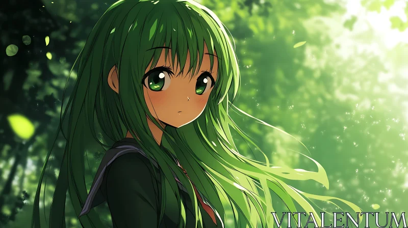 Green-Haired Anime Girl in Nature AI Image