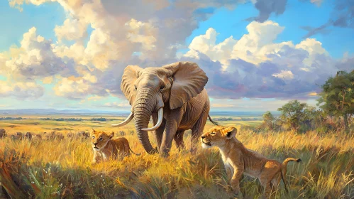 African Wildlife Scene with Elephant and Lions