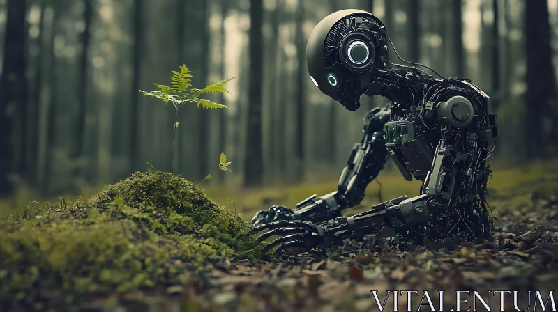 AI ART Robot in Forest Contemplating Plant