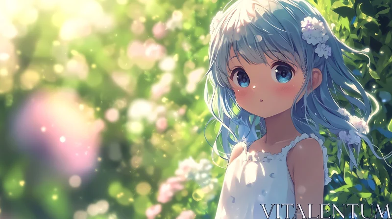 AI ART Blue-Haired Anime Girl in Flowery Garden