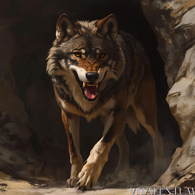 AI ART Fierce Wolf Growling in Cave Entrance