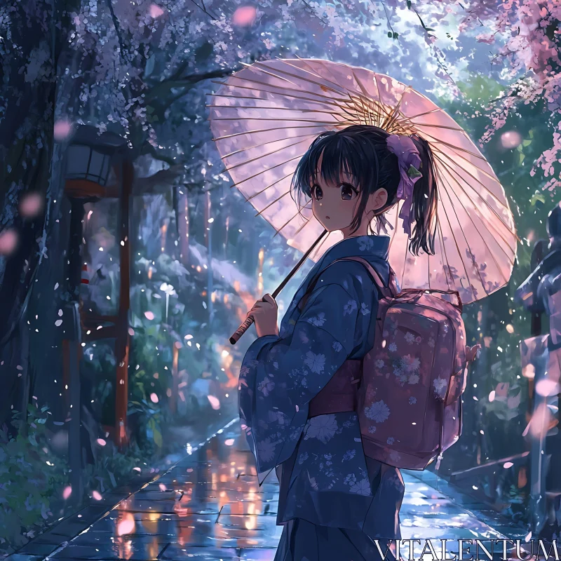 Anime Girl with Umbrella in Cherry Blossom Evening AI Image