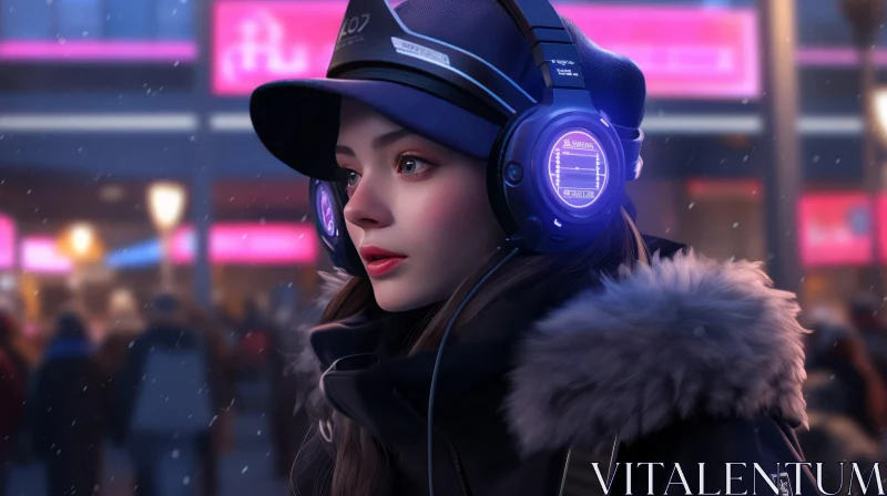 Fashion Model in Headphones: Hyper-Realistic Sci-Fi City Street Scene AI Image