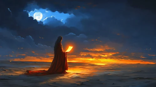 Figure with Glowing Book at Sunset