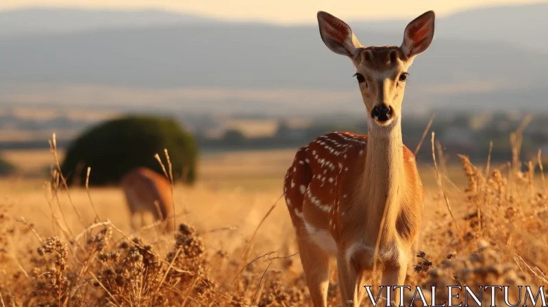 Graceful Deer in Field with Majestic Mountain Background AI Image