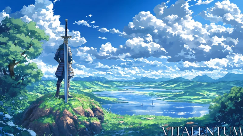 AI ART Samurai with Sword Overlooking Scenic Valley in Anime Art