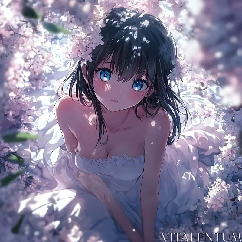 AI ART Anime Girl with Blue Eyes Amidst Blossoms