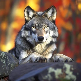 Resting Wolf on Rocks