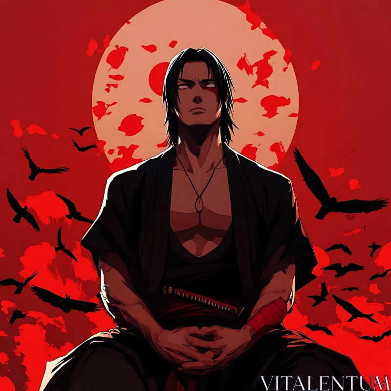 Samurai in Meditative Pose with Red Sky and Crows AI Image