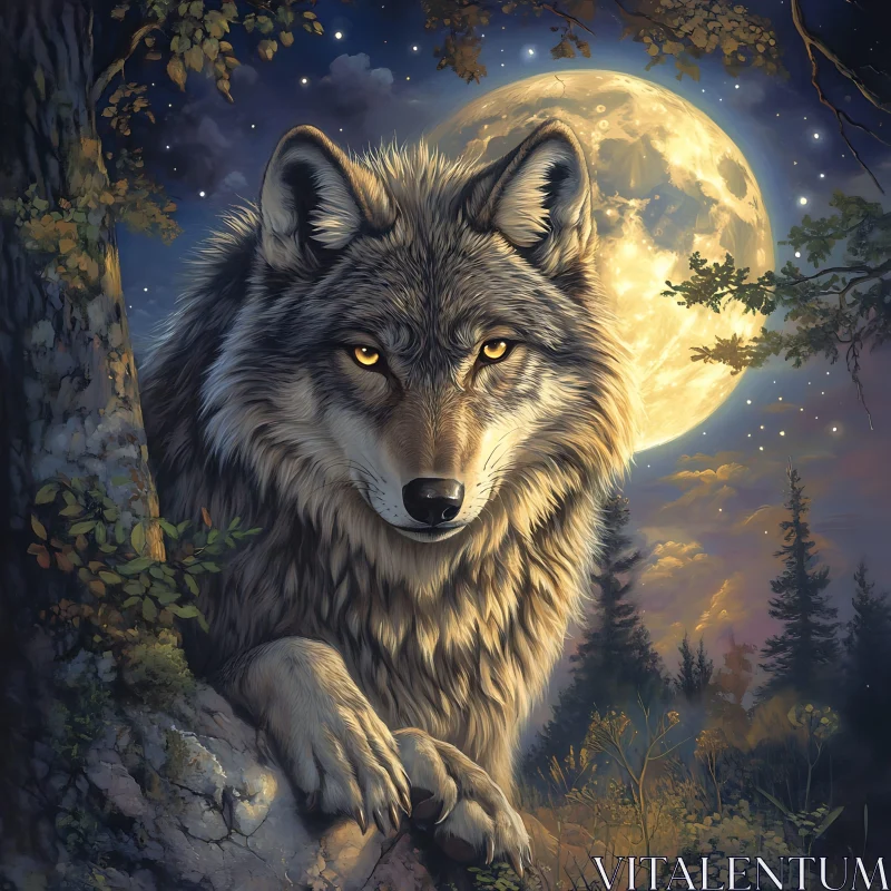 AI ART Mystic Wolf Portrait with Full Moon