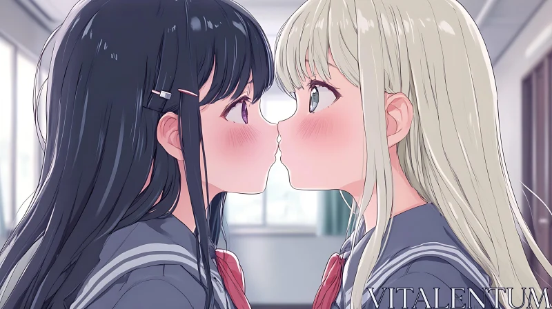 Anime Girls Sharing a Tender Moment in School AI Image