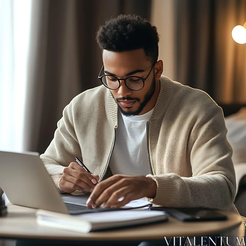 AI ART Man Writing Near Computer