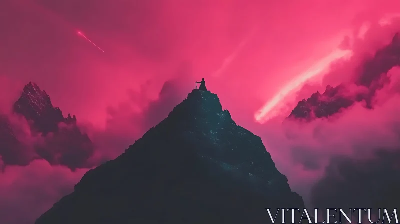 Silhouette on Mountain Peak with Pink Sky AI Image