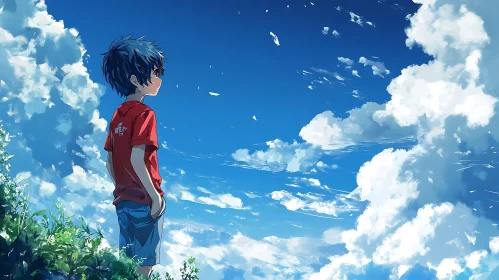 Anime Scene with Boy and Sky