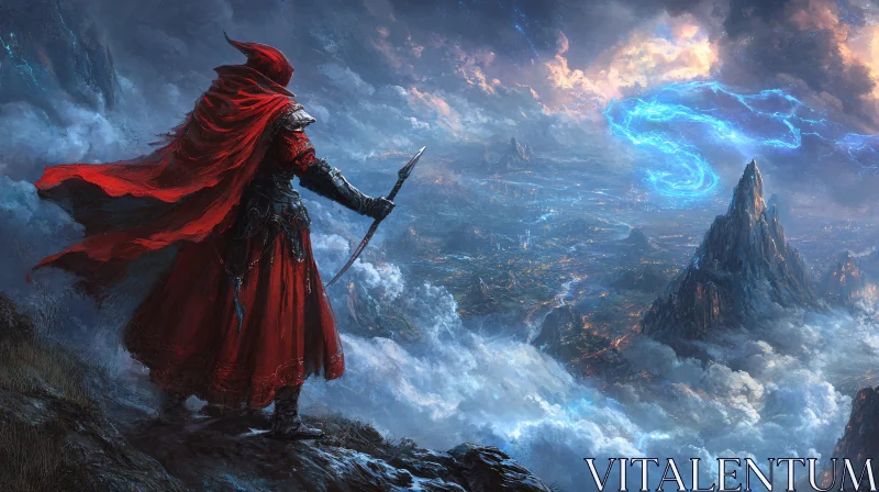 Red Cloak Warrior Overlooking Fantasy Landscape AI Image