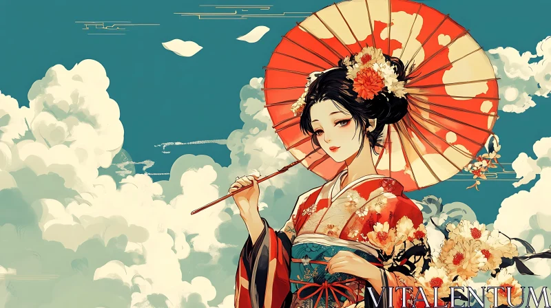 Elegant Anime Geisha under a Blue Sky AI Image