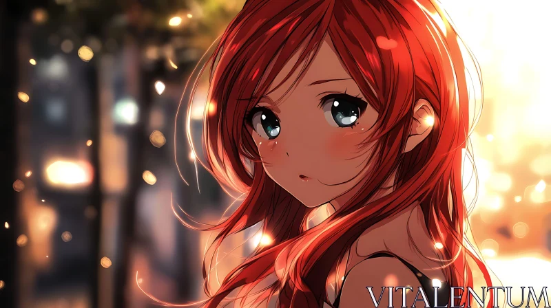 Sunset Portrait of an Anime Girl with Red Hair AI Image