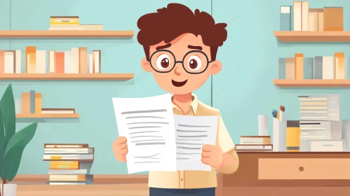 Cartoon Boy Reads Documents in Room