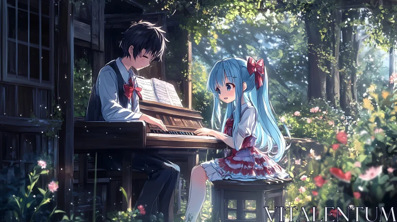 Serene Anime Garden Piano Scene AI Image