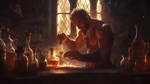 Man Brewing Potion in Candlelight