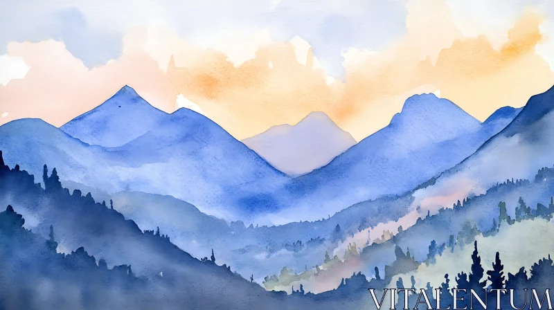 Watercolor Mountain Range Painting AI Image