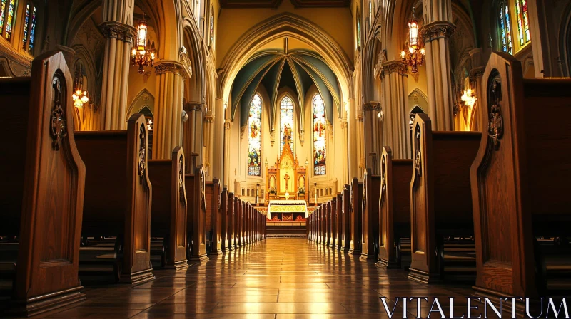 Serene Church with Stained Glass and Wooden Pews AI Image