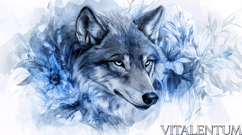 AI ART Blue Wolf and Flowers