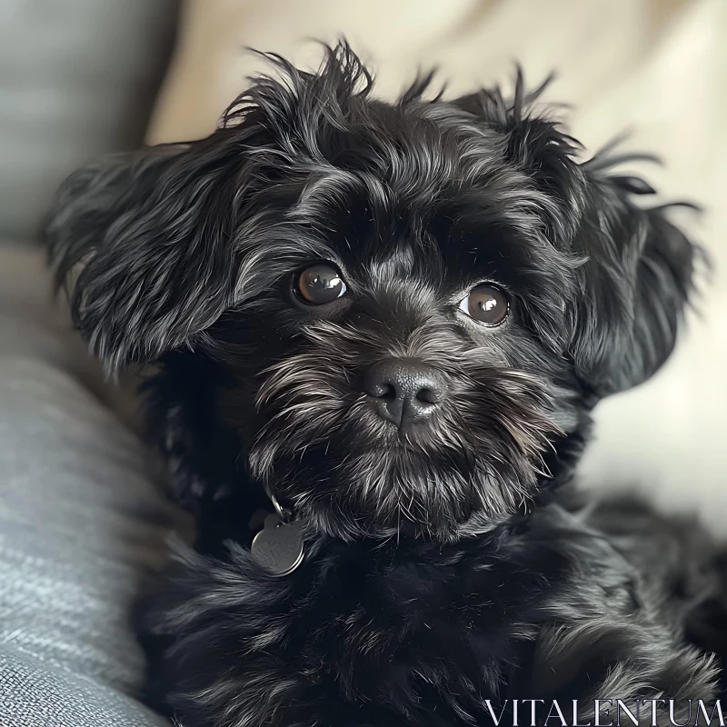 Fluffy Black Puppy on Couch AI Image