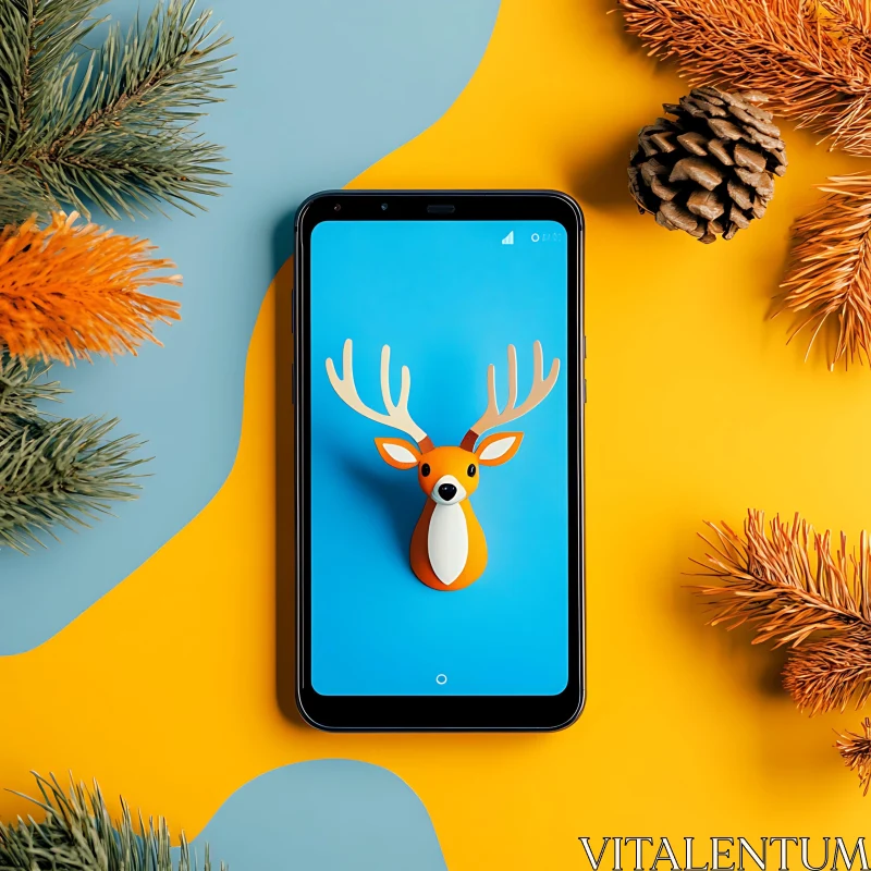 AI ART Modern Deer Illustration on Mobile Screen with Yellow and Blue Background