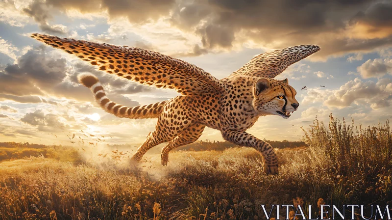 Fantasy Art: Winged Cheetah at Sunset AI Image