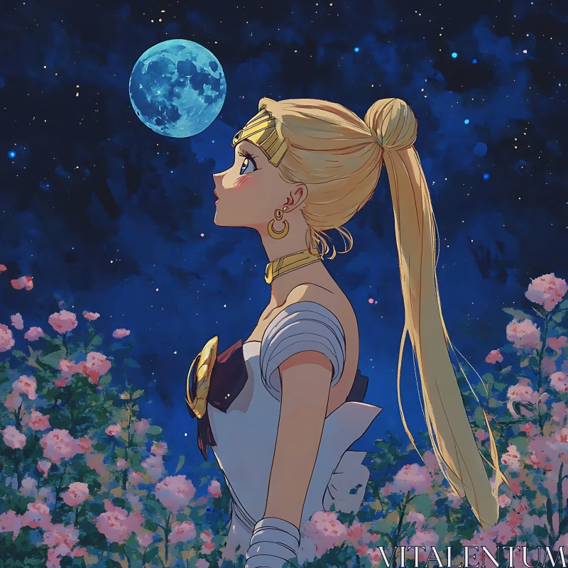 AI ART Anime Girl in Moonlight with Flowers