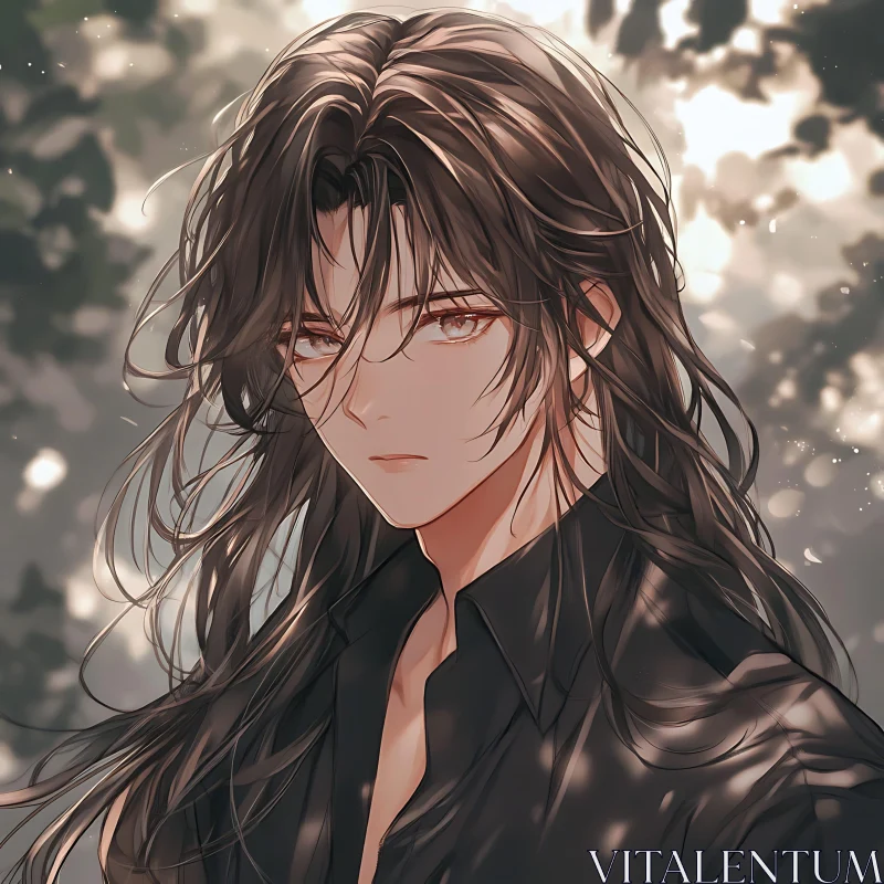 Character with Flowing Dark Hair in Anime Style AI Image