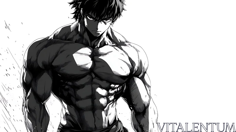 Muscular Anime Character in Monochrome AI Image