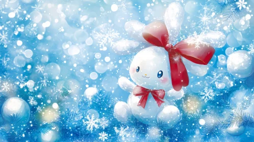 Whimsical Winter Rabbit with Red Bow